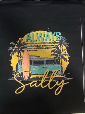 Gildan Black Tee with Teal Van, Yellow Sun & Peach Surfboard - "Always Salty"